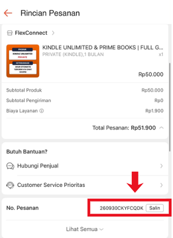 Halaman Rincian Pesanan Shopee, baris No. Pesanan dengan tombol Salin disorot merah